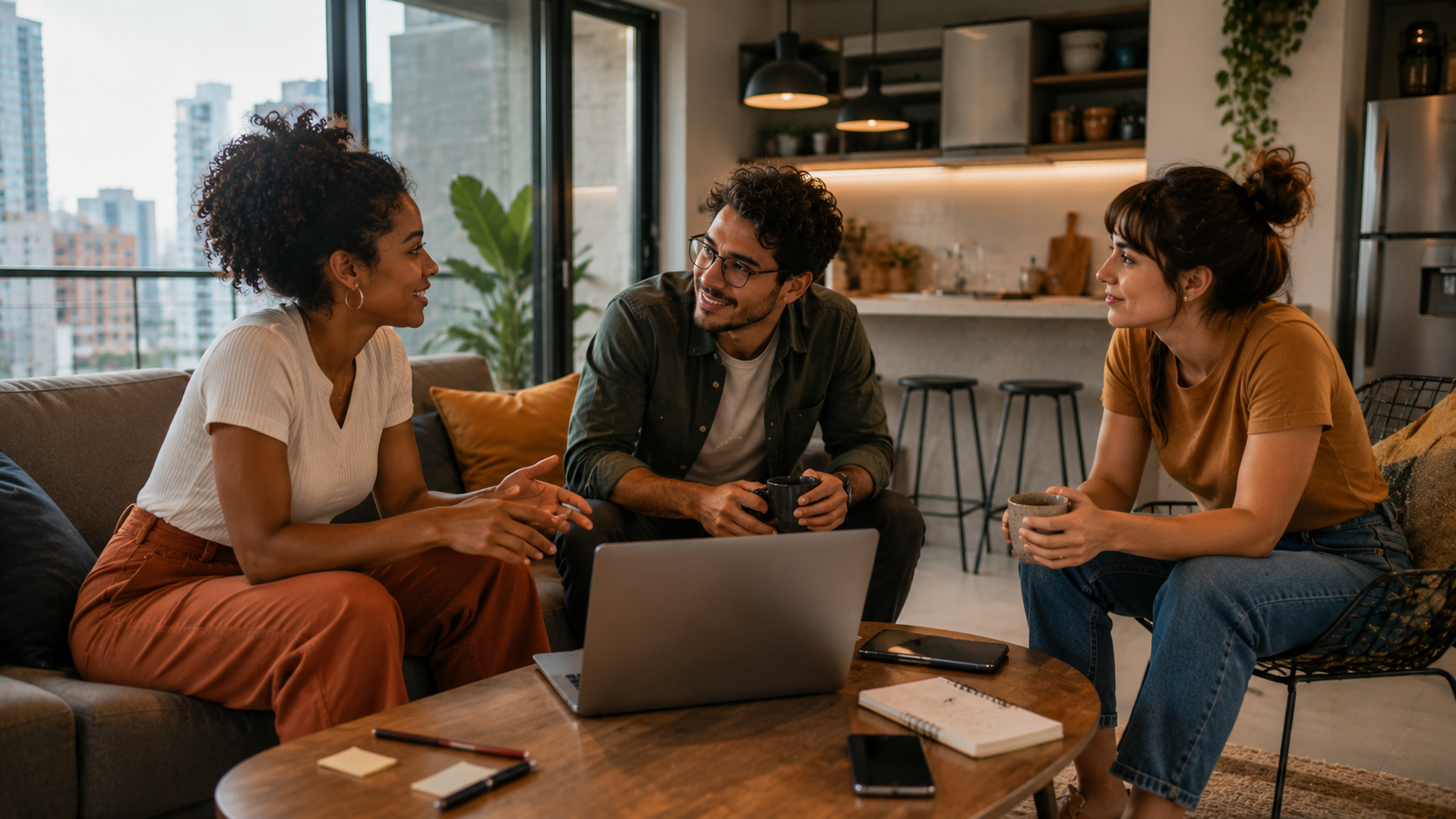 Jovens profissionais conversando sobre dividir moradia com compatibilidade.