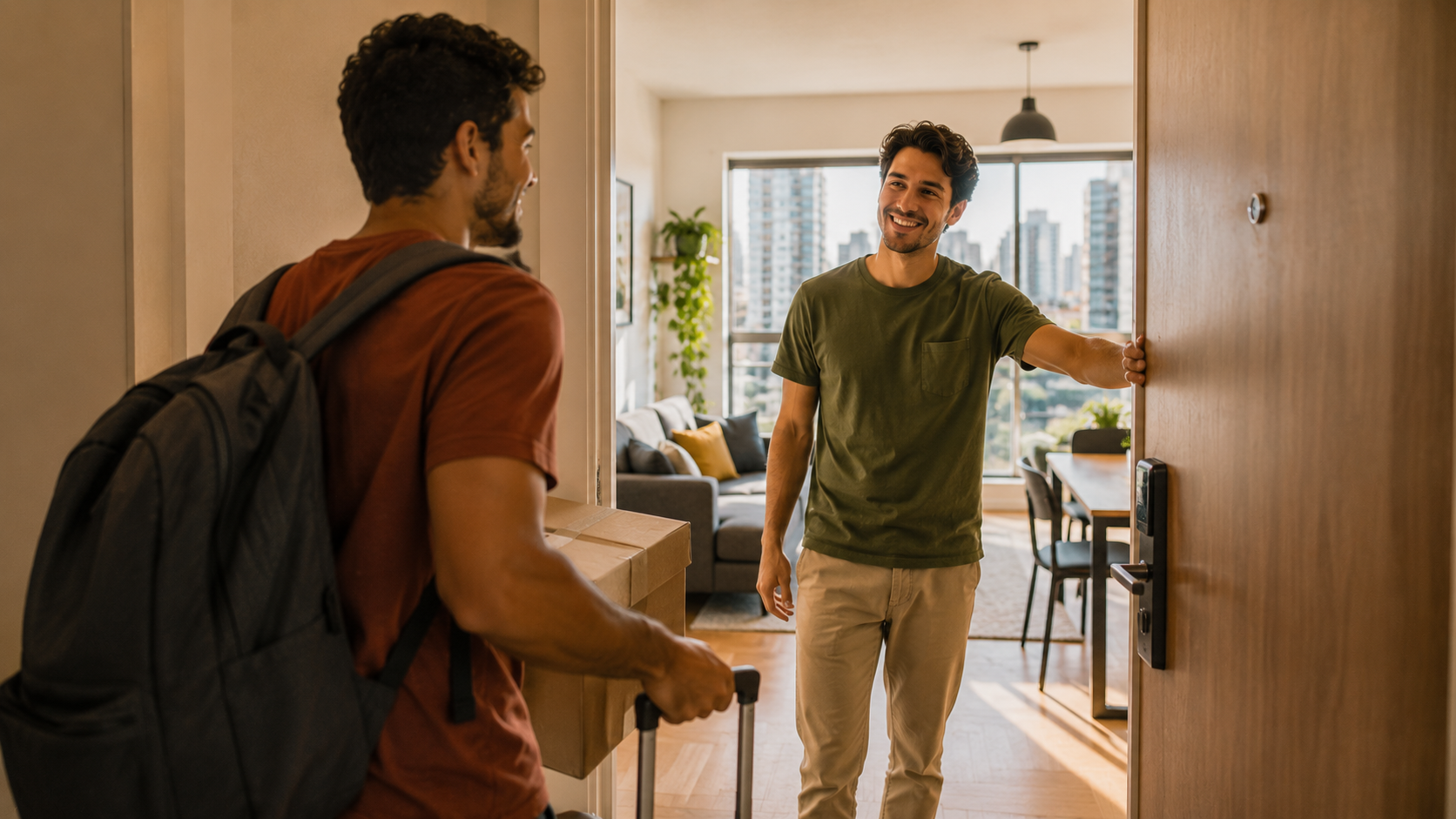 Jovem adulto iniciando nova fase em apartamento compartilhado.