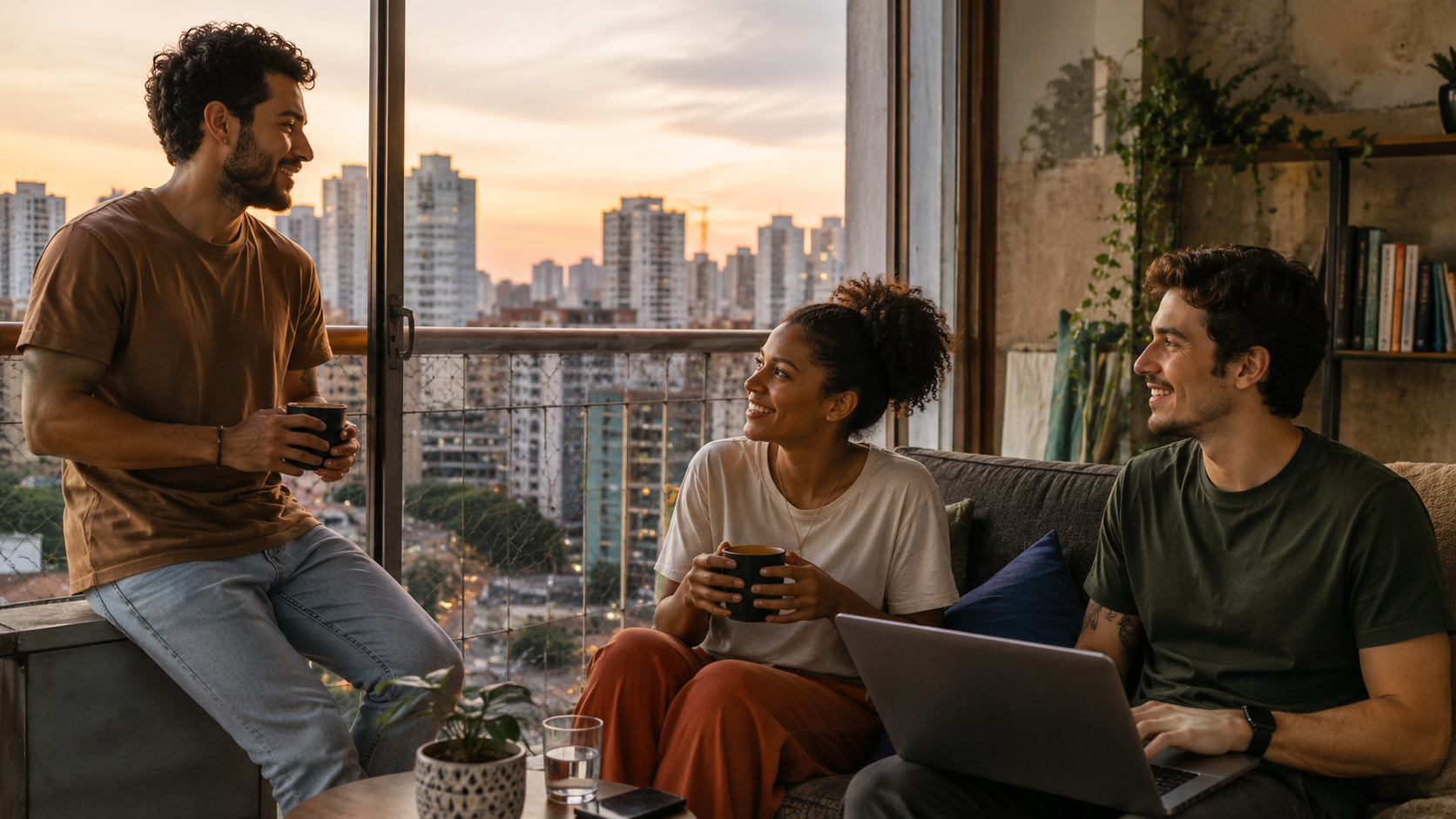 Três jovens conversam em uma sala com varanda e vista urbana ao entardecer.
