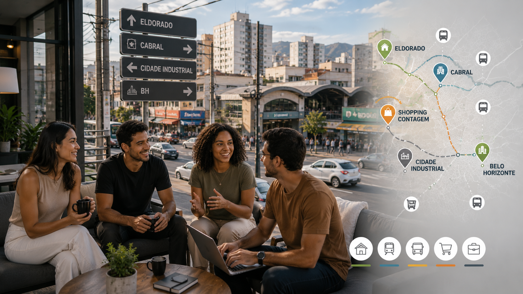 Imagem editorial sobre jovens profissionais em Contagem avaliando dividir aluguel no Eldorado ou Cabral, com mobilidade, metrô, comércio e custo-benefício.