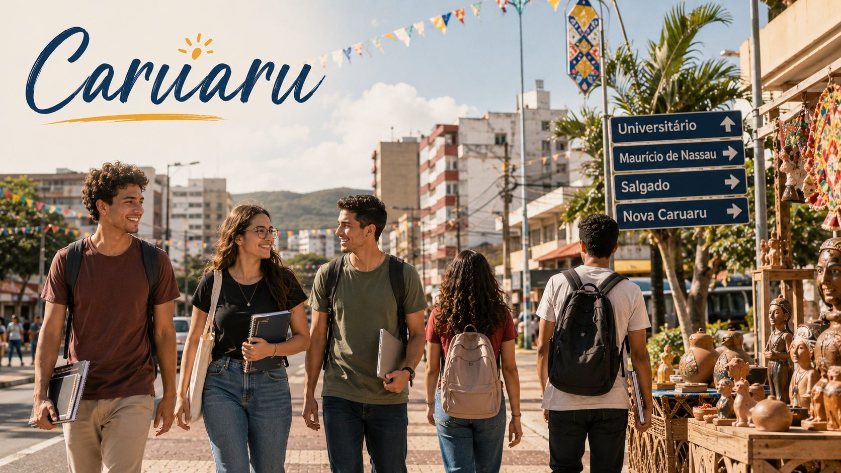 Imagem editorial sobre aluguel em Caruaru, vida universitária perto da ASCES, UFPE e UNINASSAU, bairros urbanos e moradia compartilhada.