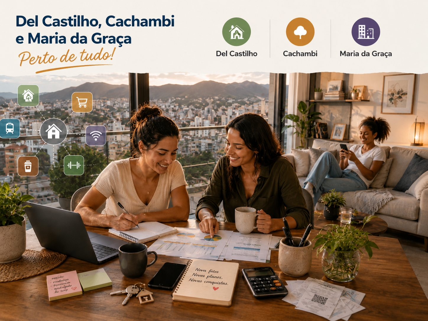 Imagem editorial sobre jovens adultos planejando dividir aluguel em Del Castilho, Cachambi e Maria da Graça, perto do metrô, shopping e trabalho na Zona Norte do Rio.