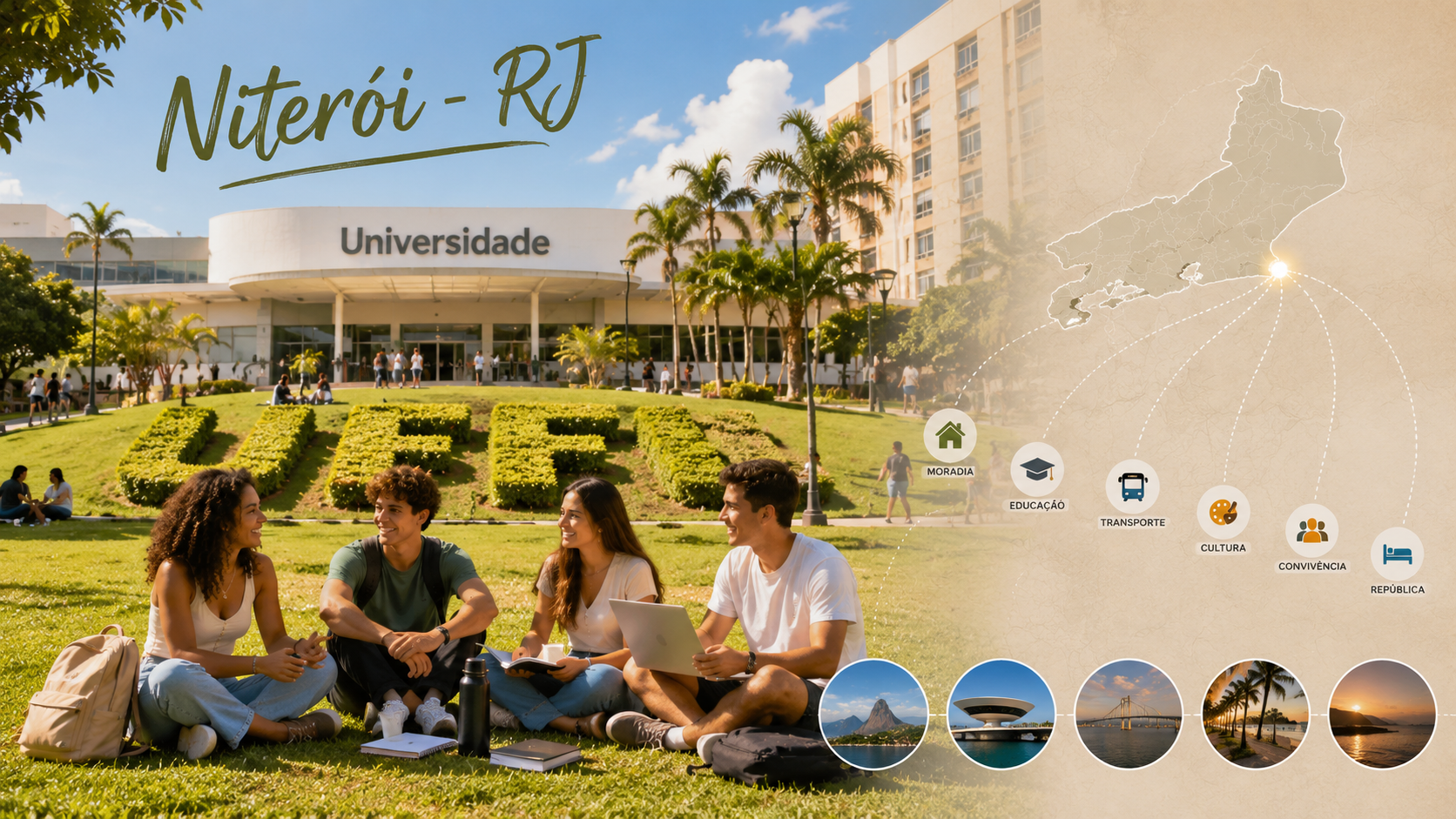 Imagem editorial sobre estudantes em Niterói planejando moradia universitária perto da UFF, campi, bairros e divisão de aluguel.