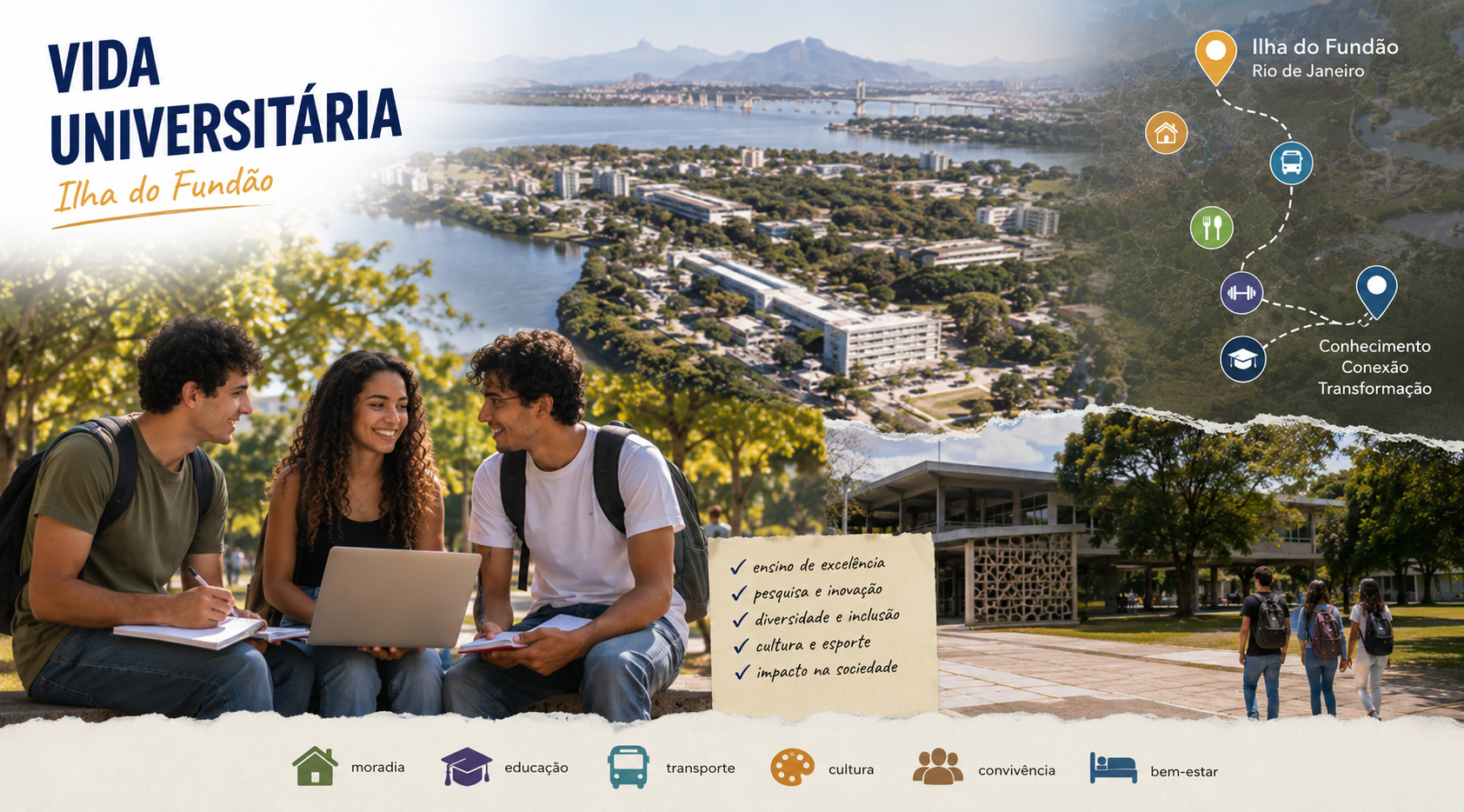 Imagem editorial sobre estudantes planejando aluguel, repúblicas e moradia compartilhada perto da UFRJ Fundão, Ilha do Governador, Bonsucesso e Olaria.