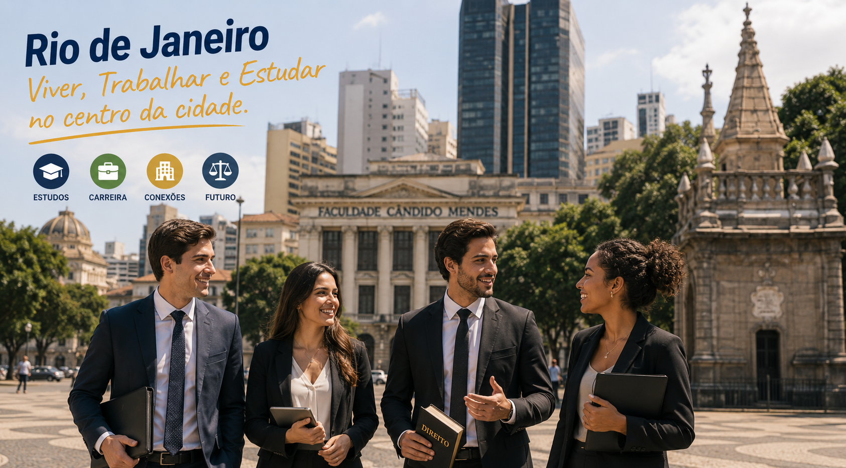 Estudantes caminhando perto do metrô e de prédios históricos no Centro do Rio de Janeiro.