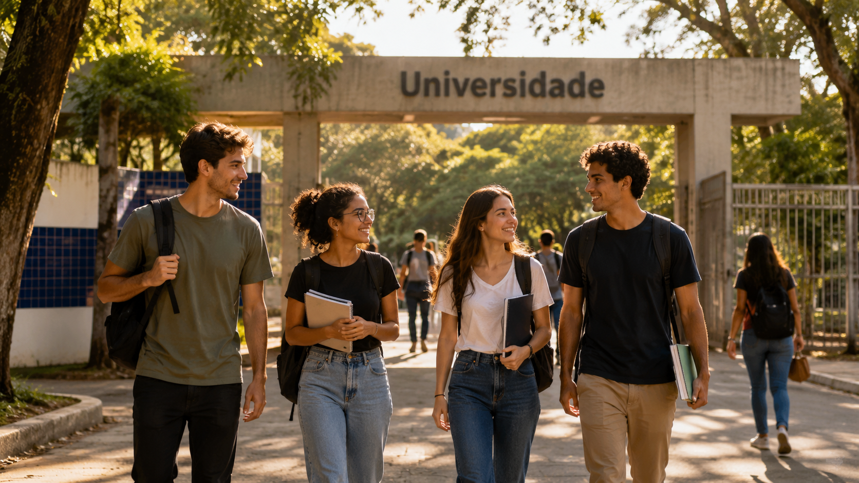 Estudantes universitários caminhando em área arborizada próxima a uma universidade em Florianópolis
