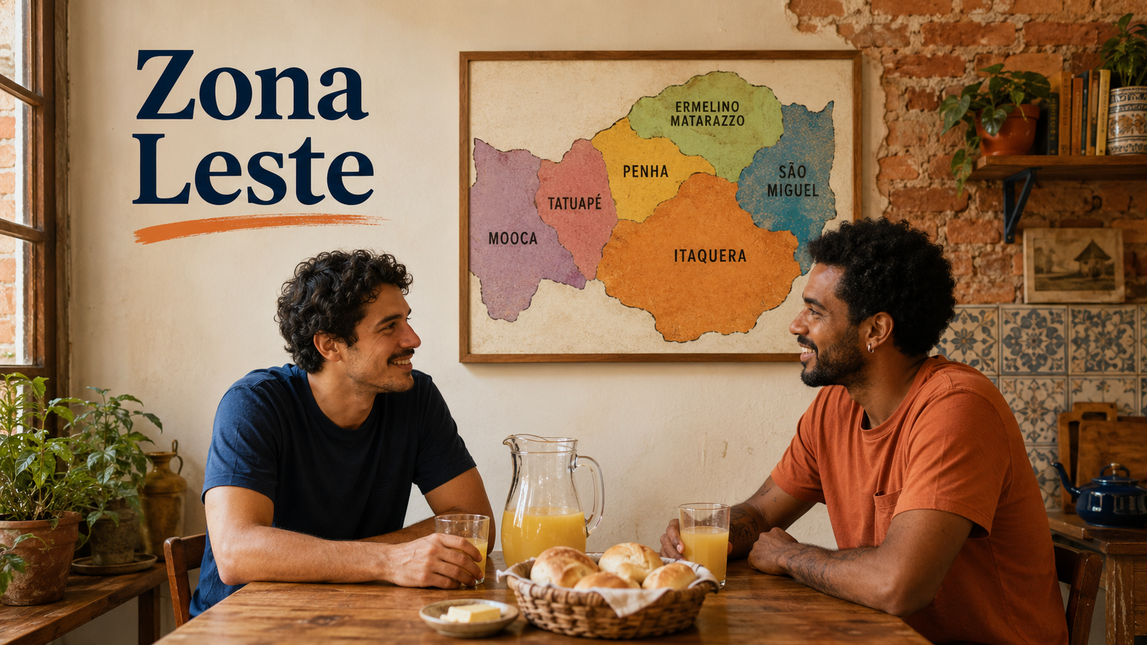 Dois jovens conversam à mesa em um apartamento da Zona Leste de São Paulo, com um mapa ilustrado dos bairros na parede.