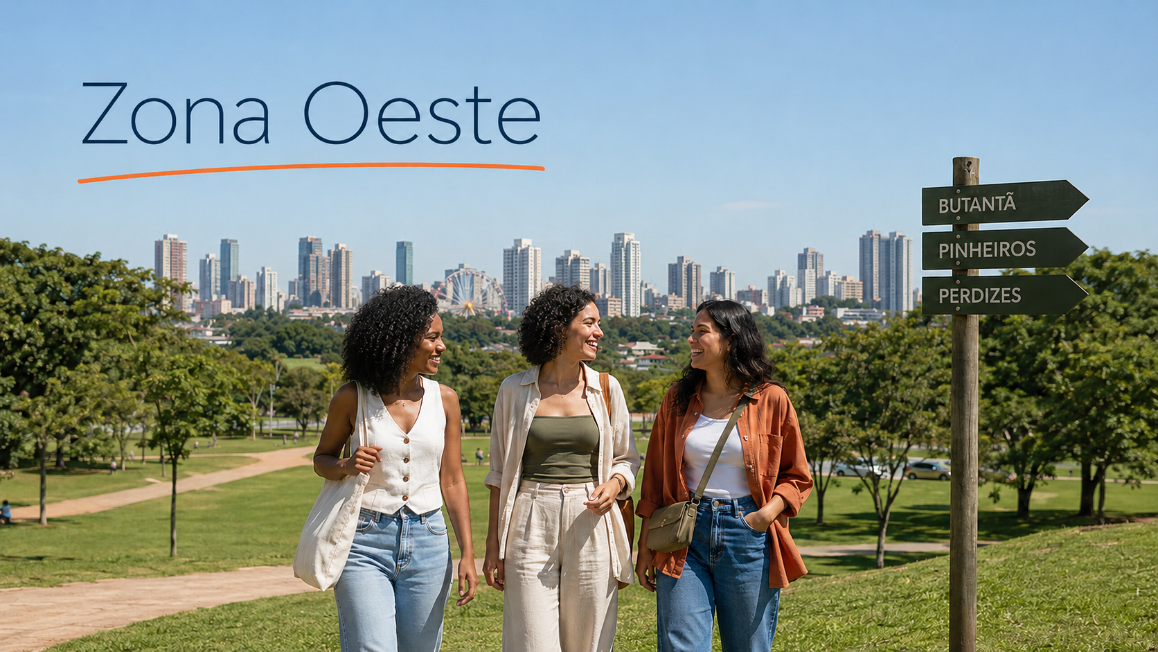 Três jovens mulheres conversam em um parque da Zona Oeste de São Paulo, com o horizonte urbano ao fundo.