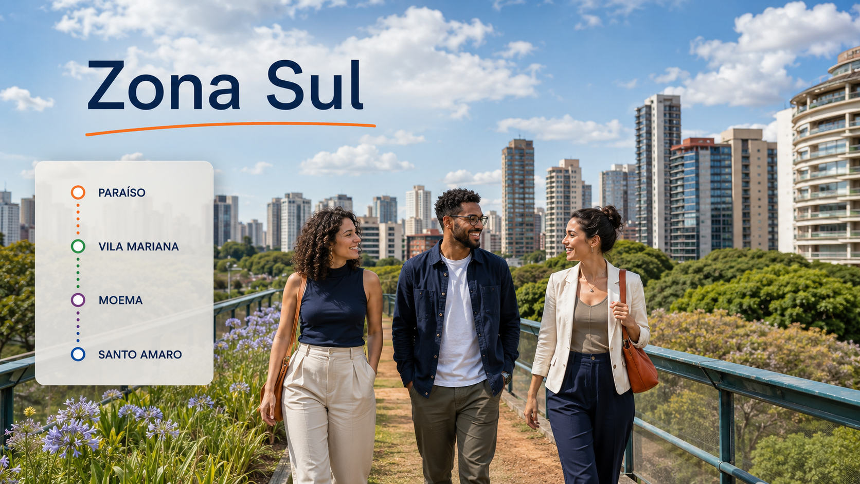 Três jovens percorrem a Zona Sul de São Paulo, com paisagem urbana e um mapa ilustrado de estações de metrô.