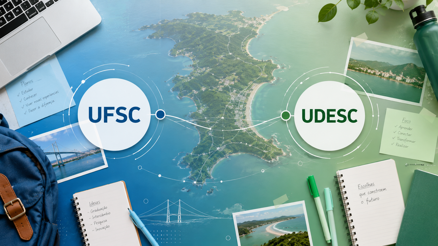 Composição visual comparando UFSC e UDESC em Florianópolis com elementos acadêmicos
