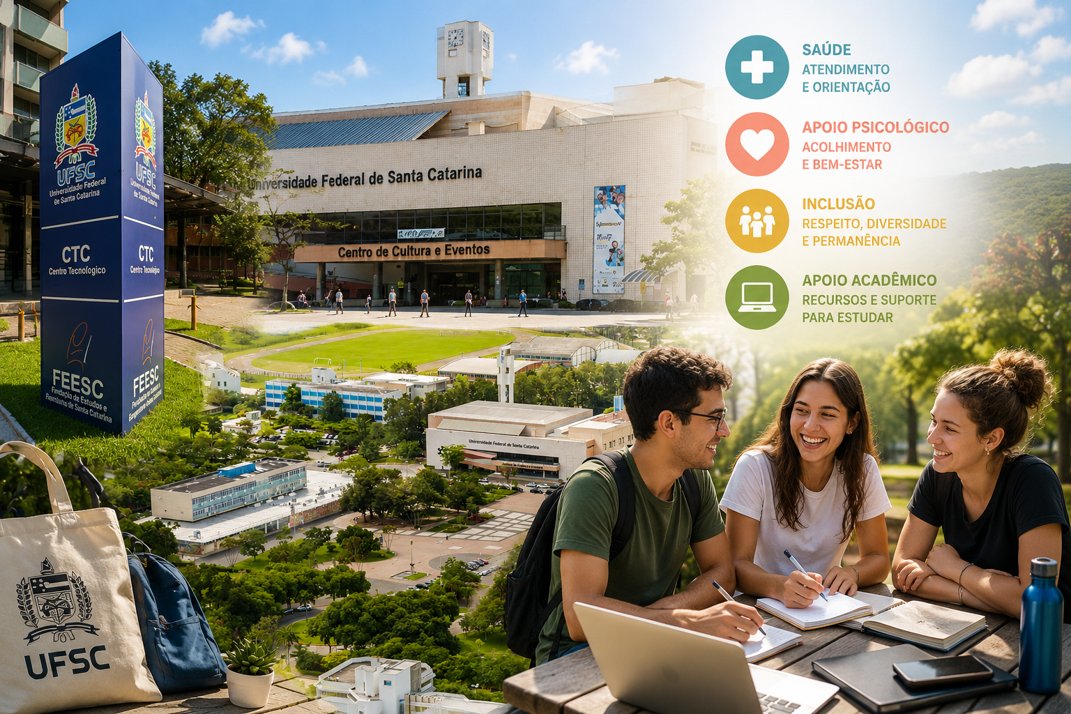 Campus universitário em Florianópolis com estudantes e elementos visuais de saúde, apoio psicológico, inclusão e suporte acadêmico