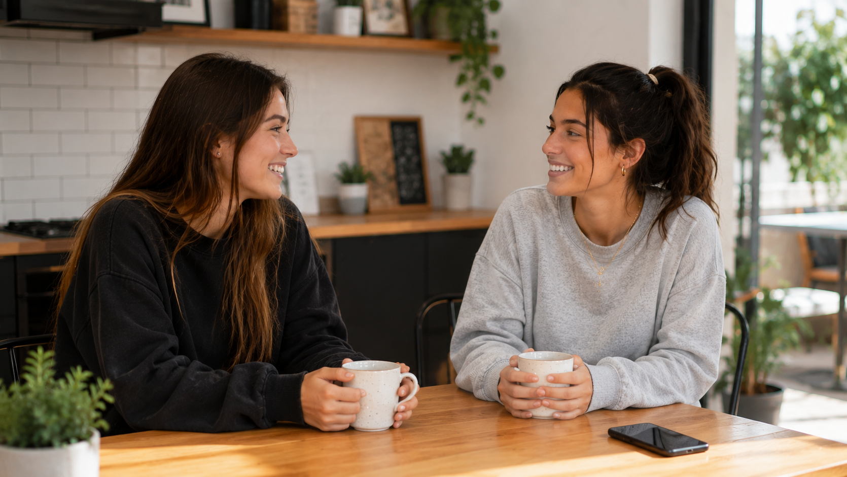 Duas pessoas conversando em ambiente compartilhado, representando convivência e compatibilidade entre roommates