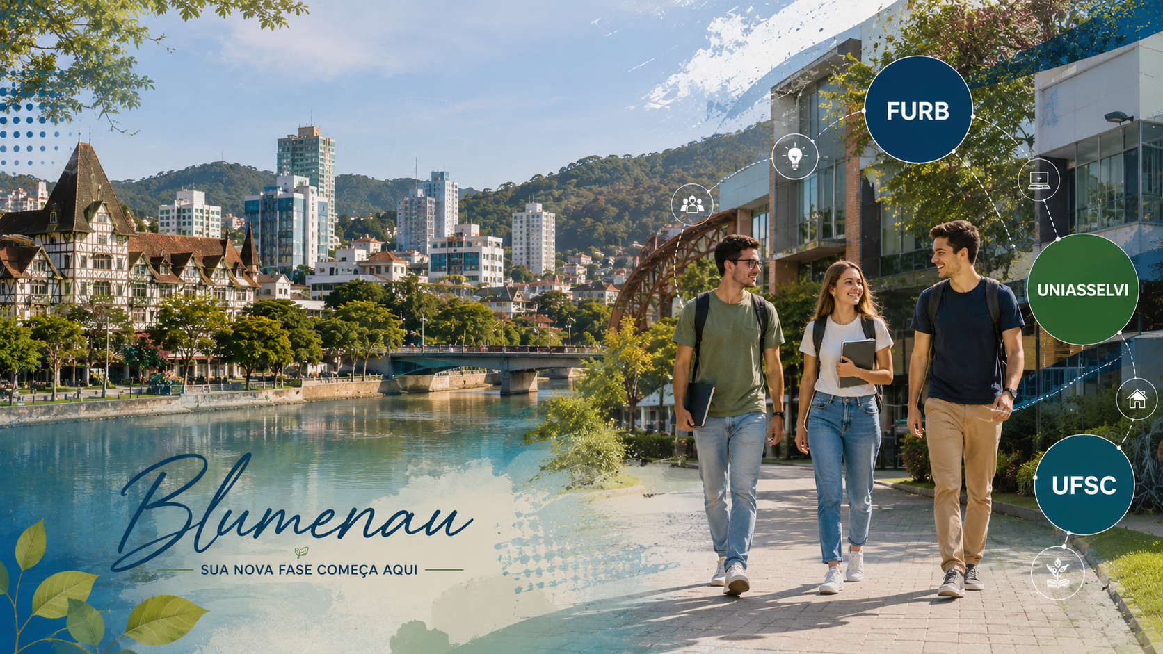 Montagem editorial sobre aluguel em Blumenau, vida universitária próxima à FURB, UNIASSELVI e UFSC, bairros, cultura local e convivência compartilhada.