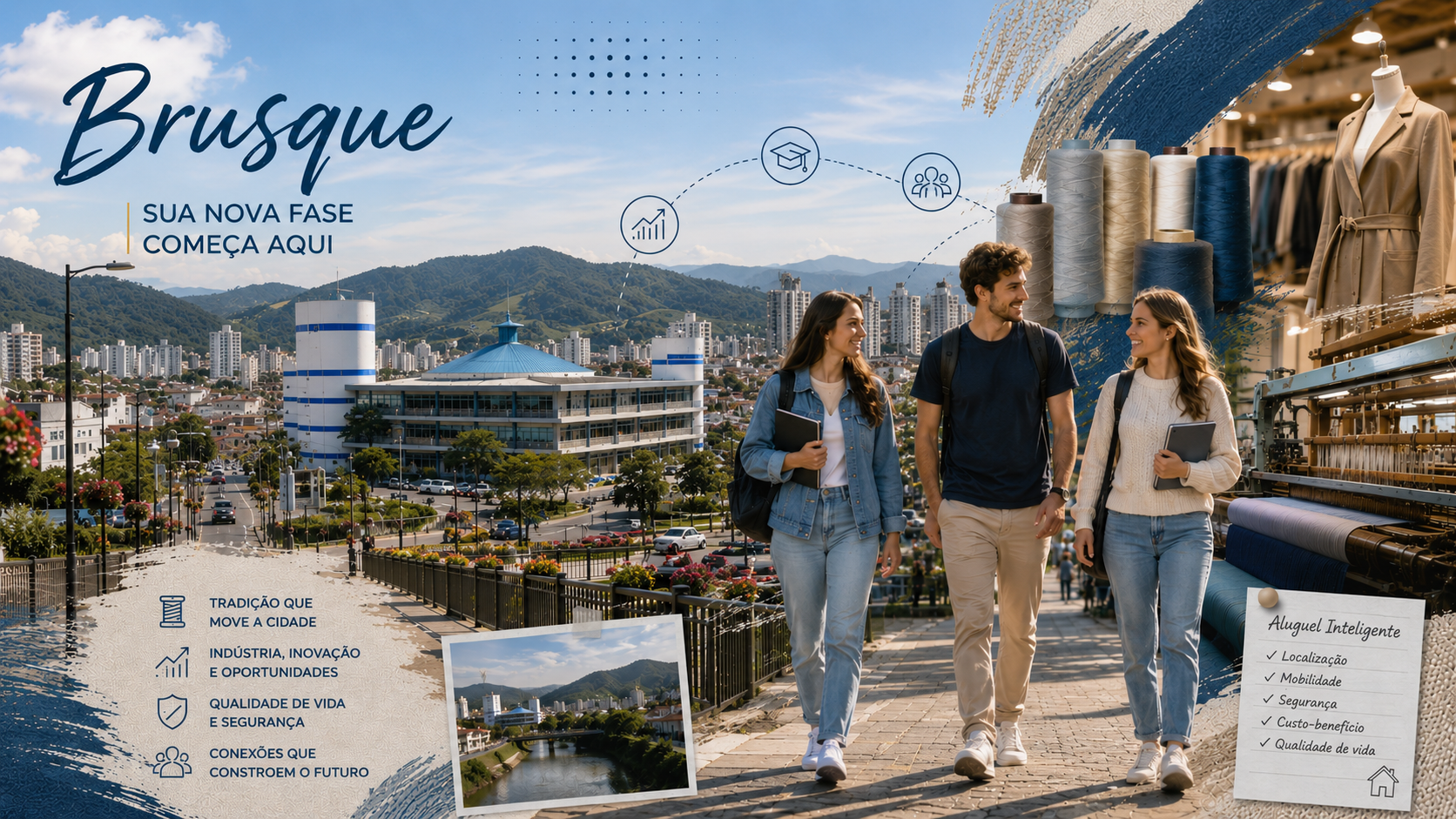 Montagem editorial sobre aluguel em Brusque, vida universitária próxima à UNIFEBE e UNIASSELVI, bairros, indústria têxtil e convivência compartilhada.