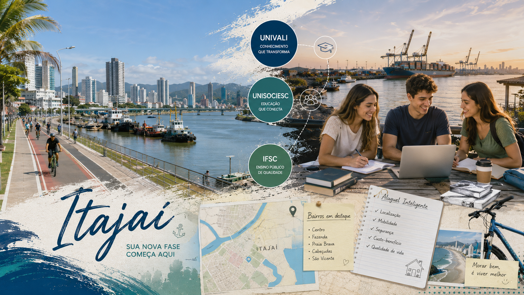 Montagem editorial sobre aluguel em Itajaí, vida universitária próxima à UNIVALI, UNISOCIESC e IFSC, bairros, porto, litoral e convivência compartilhada.