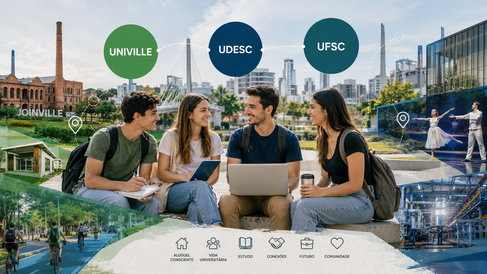 Montagem editorial sobre aluguel em Joinville, vida universitária próxima à UNIVILLE, UDESC e UFSC, bairros, mobilidade e convivência compartilhada.