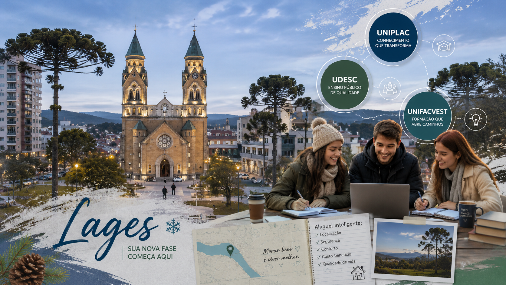 Montagem editorial sobre aluguel em Lages, vida universitária próxima à UNIPLAC, UDESC e UNIFACVEST, bairros, clima serrano e convivência compartilhada.